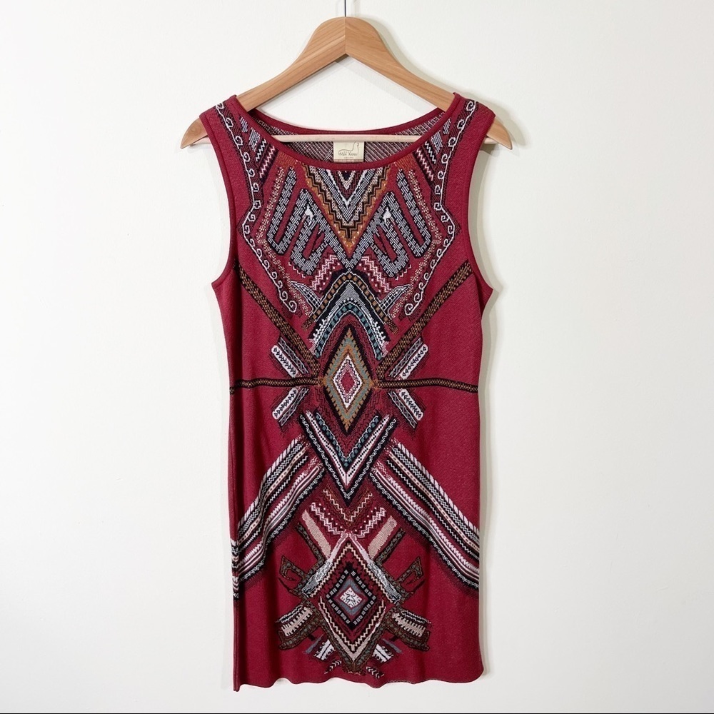 Alpaca Mon Repos Maroon Aztec Print Cotton Knit Sleeveless Mini Dress Medium